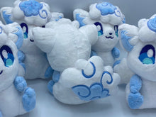 Load image into Gallery viewer, A white fox plush that has blue arms and feet. It has blue eyes and white ears with blue triangles. It has a white curly hair piece on its head with blue in the middle and blue swirls. The tail is white and blue with blue swirls. It has a small smile