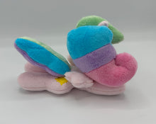 Load image into Gallery viewer, Pink horse plush laying on belly with sun on flank and blue/pink/purple/green hair. Eye is purple.
