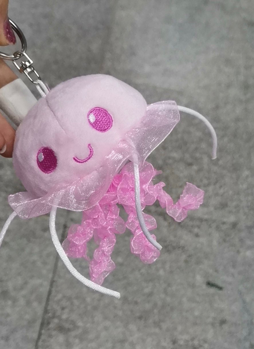 Pink jellyfish that has ribbons for tentacles