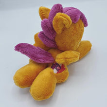 Load image into Gallery viewer, Orange horse plush laying on belly with purple and pink crest on flank and purple hair. Eye is purple.
